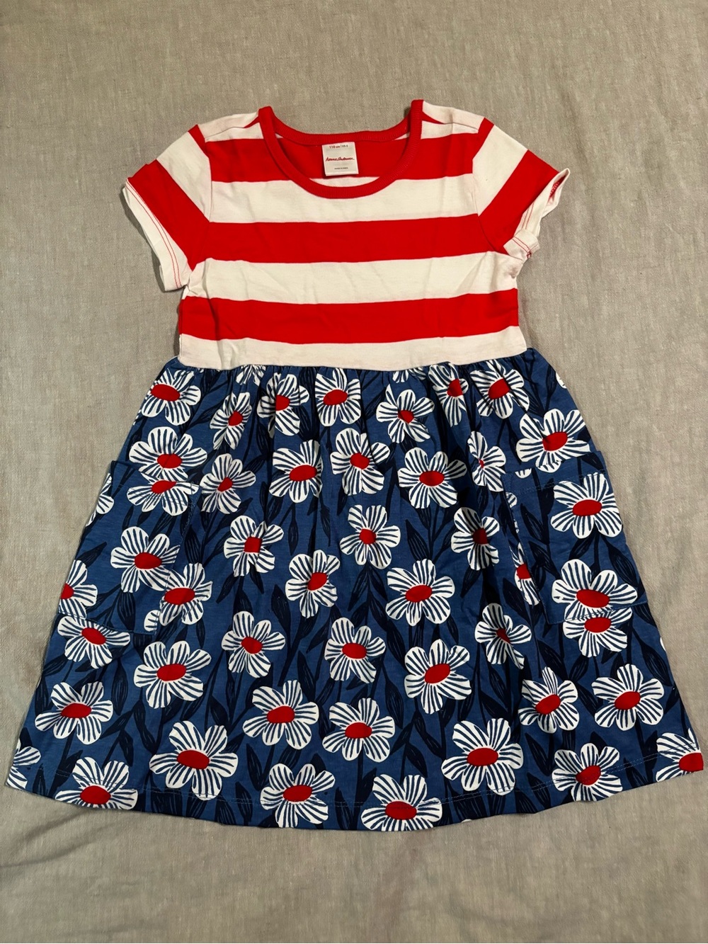 Hanna Andersson Patriotic Red & Navy Striped Bodice Floral Skirt Dress NWOT